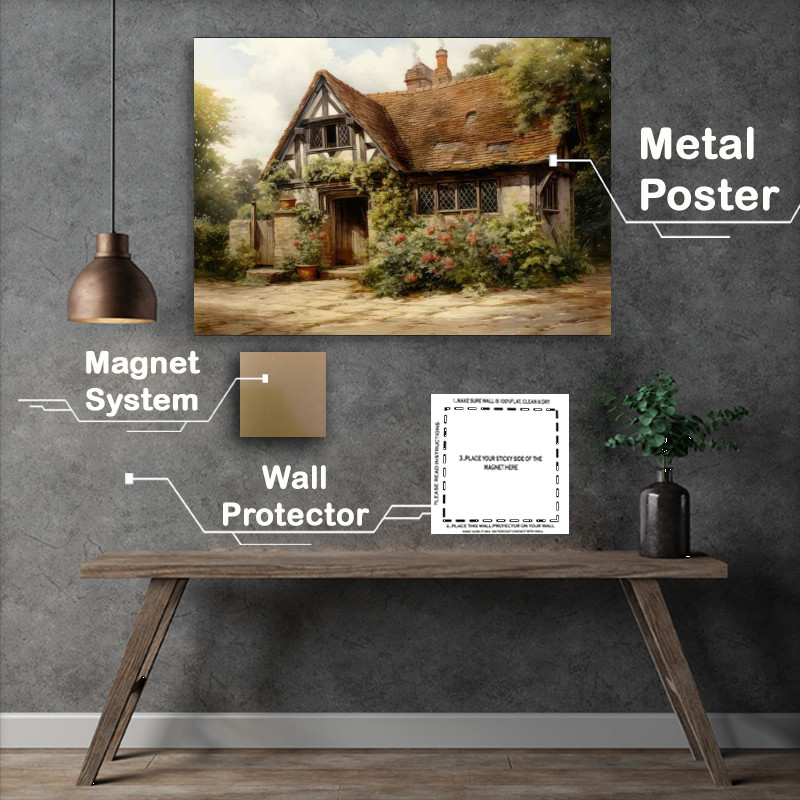 Buy Metal Poster : (Old English Country Cottage with Roses)