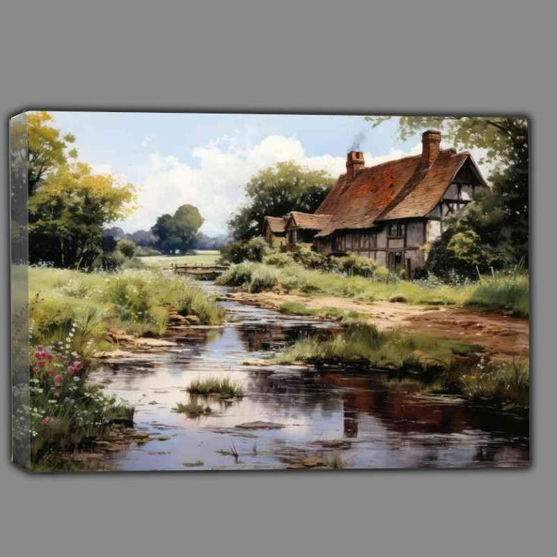 Buy Canvas : (Picturesque English Cottage Riverside Watercolour Beauty)