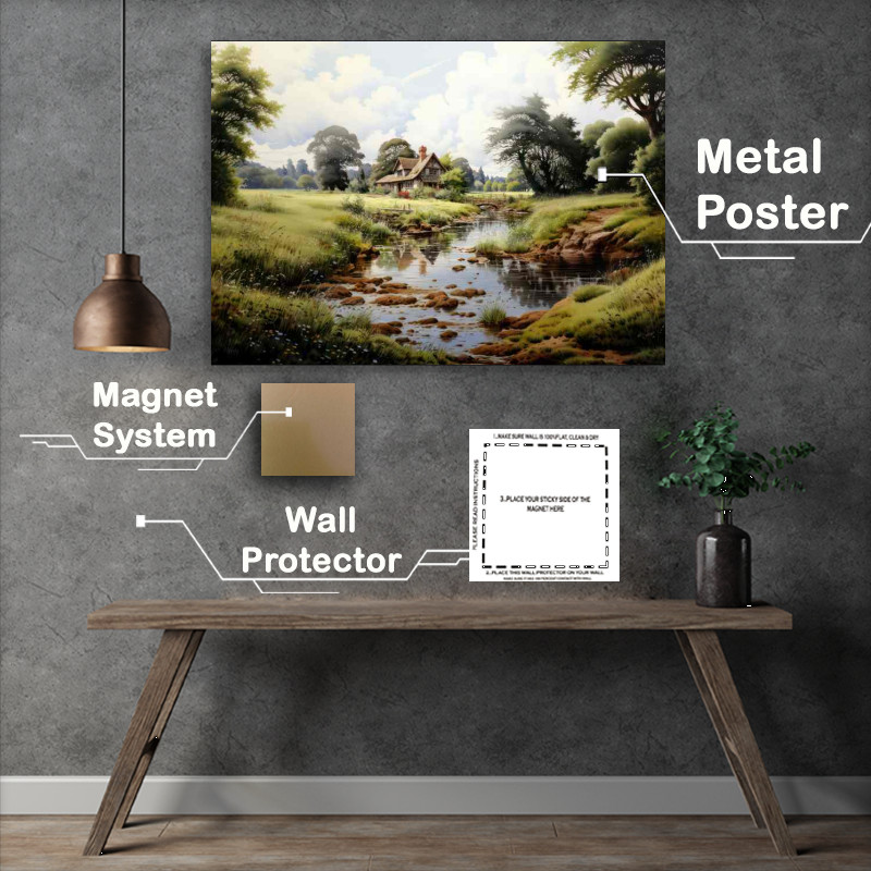 Buy Metal Poster : (Riverside Harmony Old Cottage English countryside)