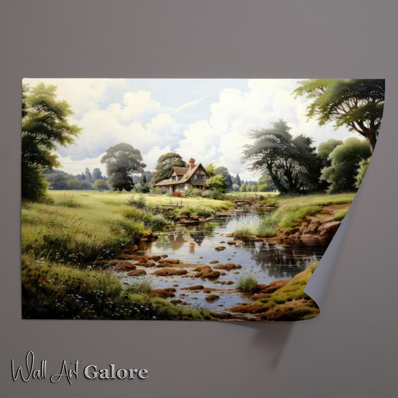 Buy Unframed Poster : (Riverside Harmony Old Cottage English countryside)