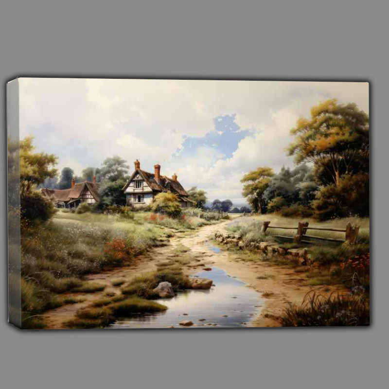 Buy Canvas : (Riverside Harmony Old charming cottage scene)