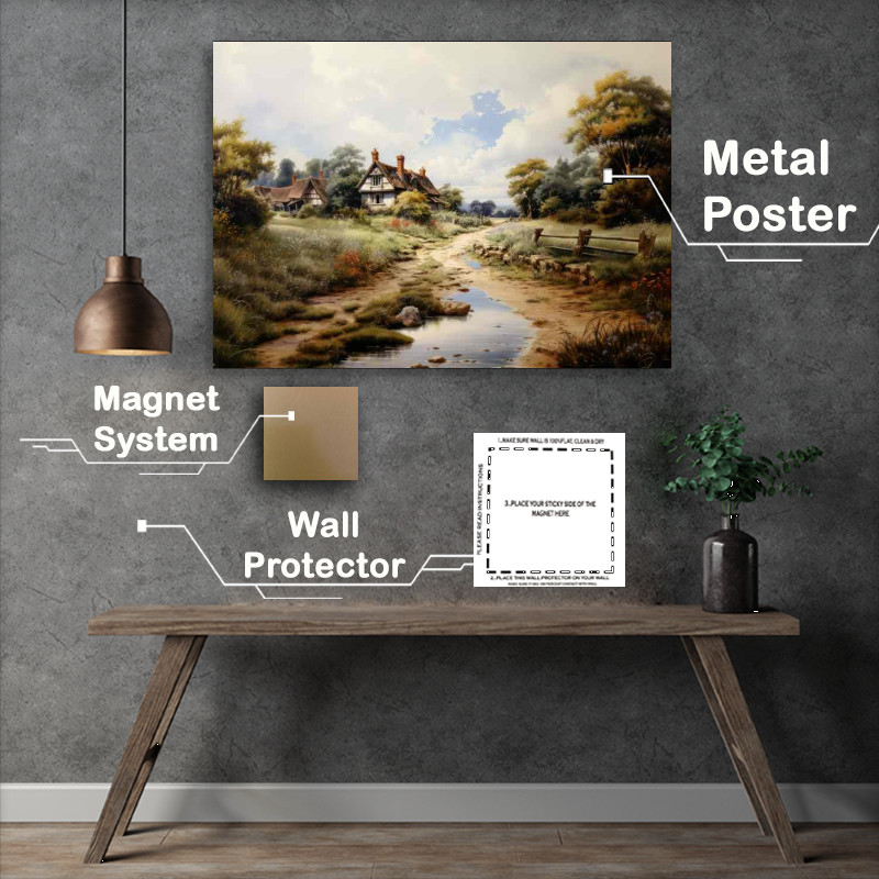 Buy Metal Poster : (Riverside Harmony Old charming cottage scene)