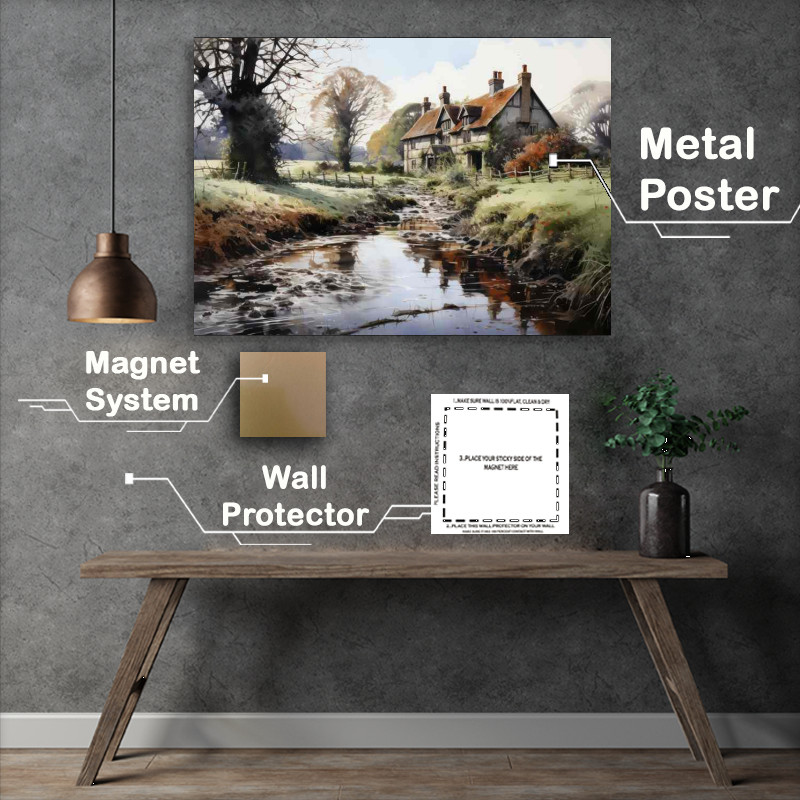 Buy Metal Poster : (Riverside Old Cottage English Charm)