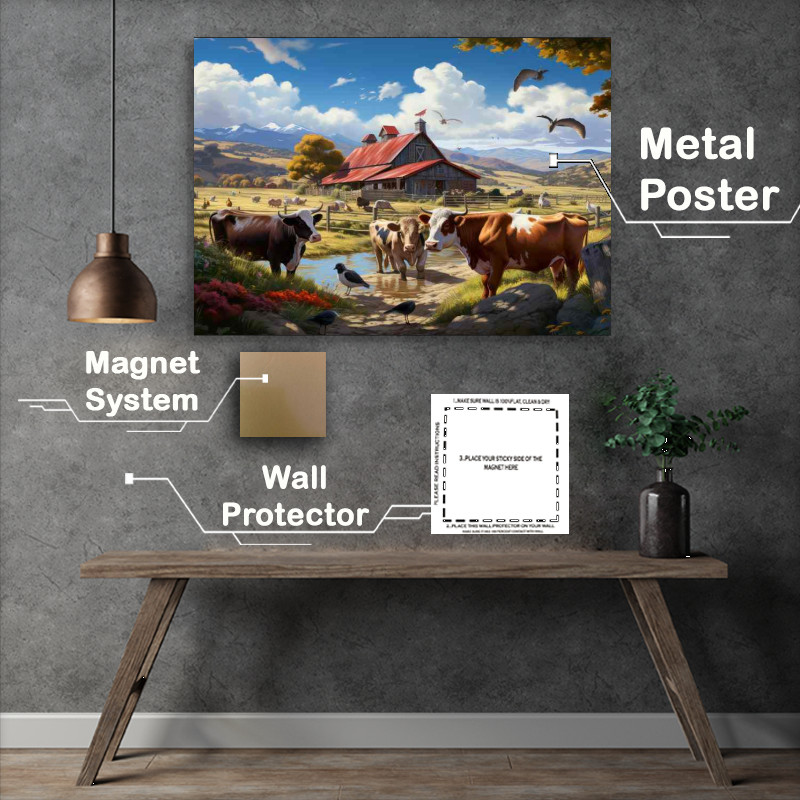 Buy Metal Poster : (Rustic Charm Cows Roaming Classic Farm)