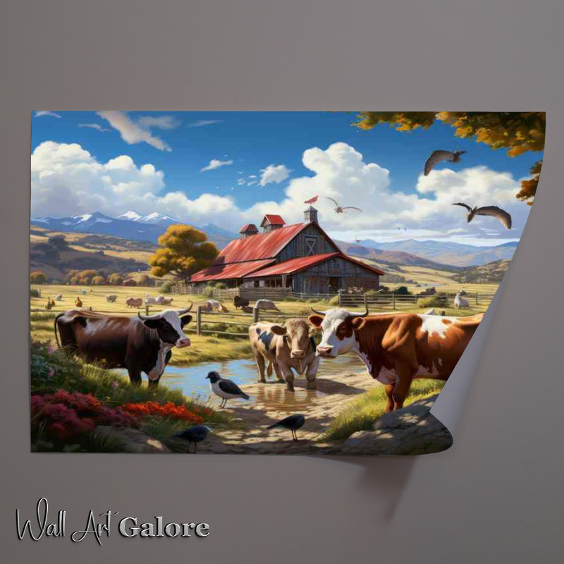 Buy Unframed Poster : (Rustic Charm Cows Roaming Classic Farm)