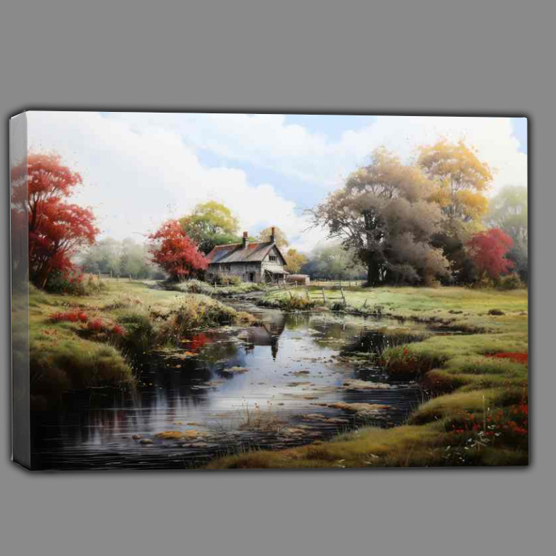 Buy Canvas : (Tranquil Charm Picturesque English Cottage by River)