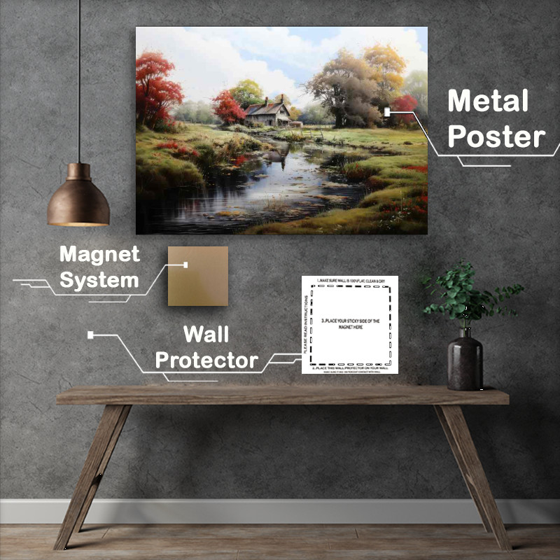 Buy Metal Poster : (Tranquil Charm Picturesque English Cottage by River)