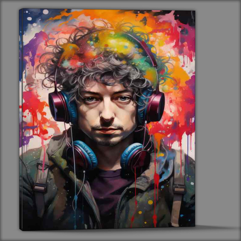 Buy Canvas : (Bob dylan with headphones and colorful splatter)