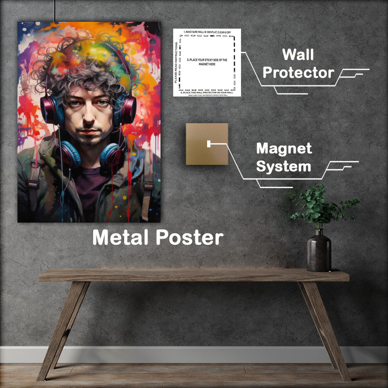 Buy Metal Poster : (Bob dylan with headphones and colorful splatter)