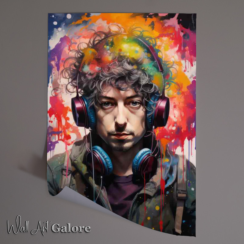 Buy Unframed Poster : (Bob dylan with headphones and colorful splatter)