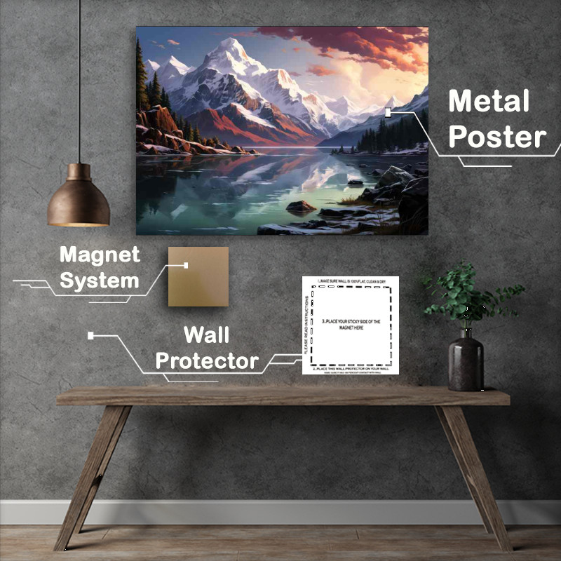 Buy Metal Poster : (Snowy Mountains By The Lake)
