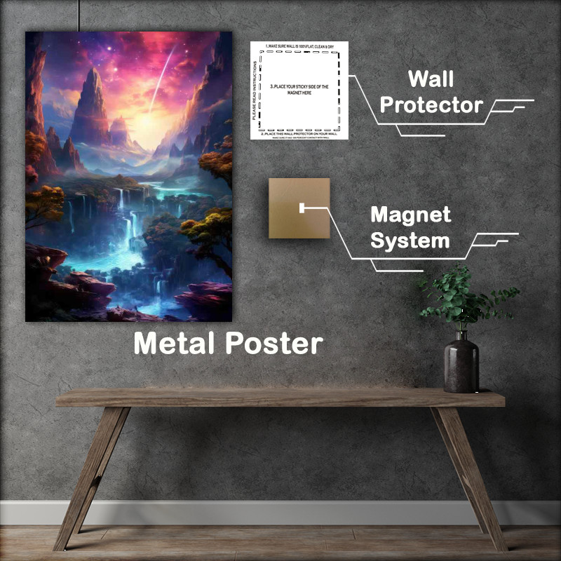 Buy Metal Poster : (Fantasy Falls of Color mountain Backgrounf)