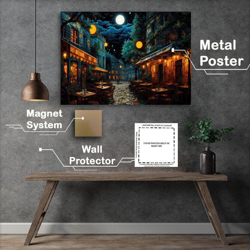 Buy Metal Poster : (Mellow Moonlight Bathes the Serene Midnight Cafe)