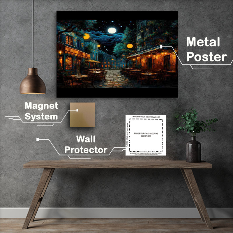Buy Metal Poster : (Velvet Night Envelops the Bustling Midnight Cafe)