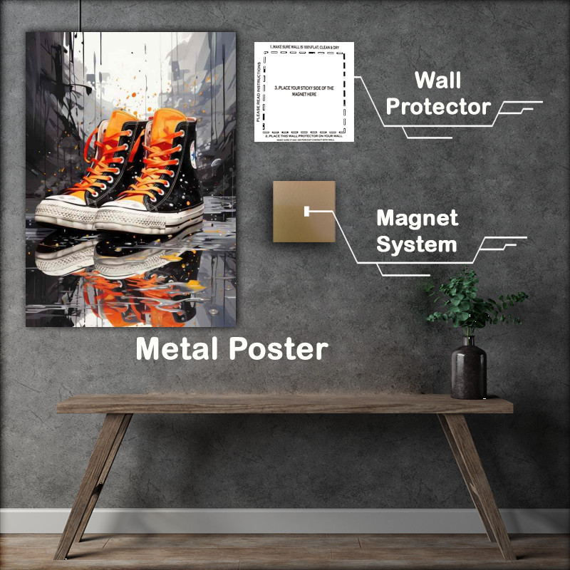 Buy Metal Poster : (A black sneaker is sitting on an splattered surface)