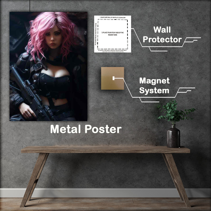 Buy Metal Poster : (Futuristic Rebel Girl with Pink Locks Armed)