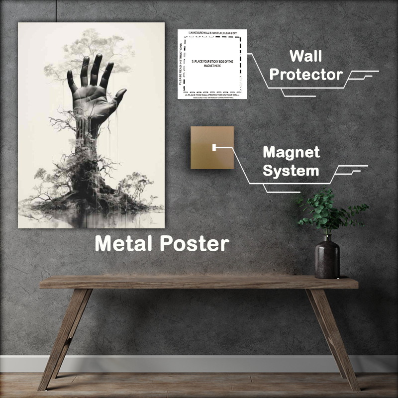 Buy Metal Poster : (Whimsical Union Hand Merging with Twigs)