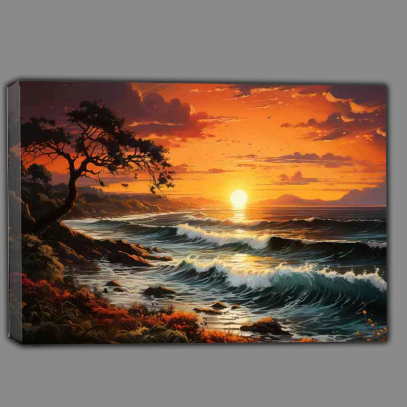 Buy Canvas : (Crimson Tranquility Evening Sun Sets Over Waves)