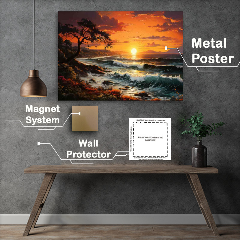Buy Metal Poster : (Crimson Tranquility Evening Sun Sets Over Waves)