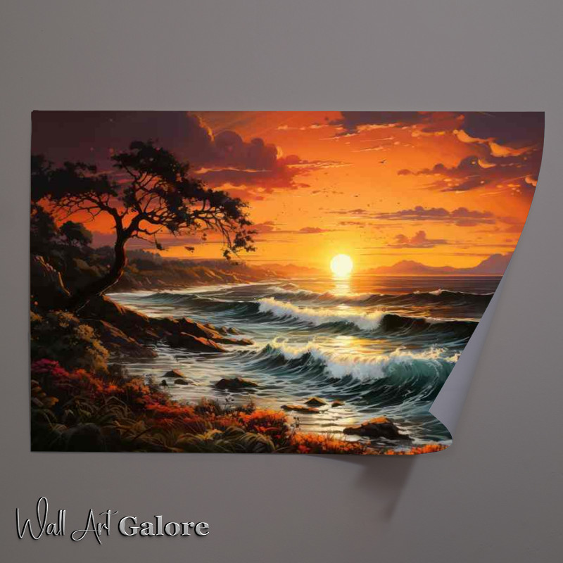 Buy Unframed Poster : (Crimson Tranquility Evening Sun Sets Over Waves)
