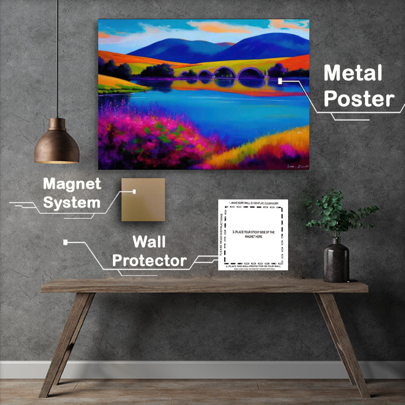 Buy Metal Poster : (Neon bridge over the lake)