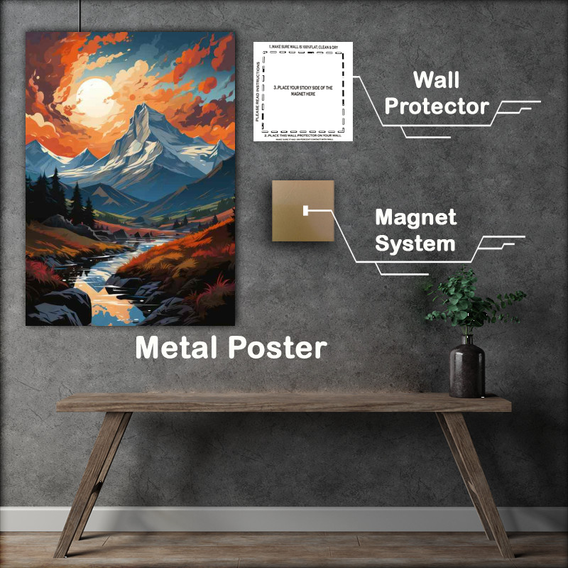 Buy Metal Poster : (Amber Sunset Graces Mountains and River)