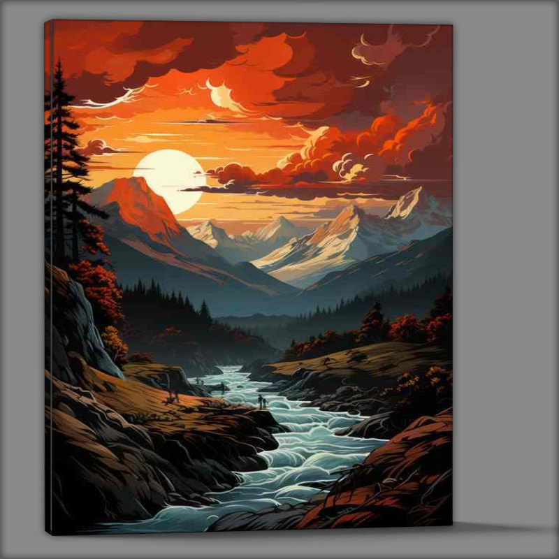 Buy Canvas : (Crimson Harmony Sunset Dance on Mountain Silhouette)