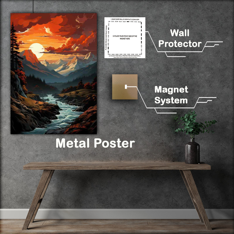 Buy Metal Poster : (Crimson Harmony Sunset Dance on Mountain Silhouette)