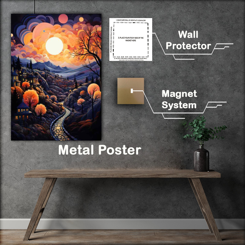 Buy Metal Poster : (Crimson Harmony Sunset Melds with Mountains)