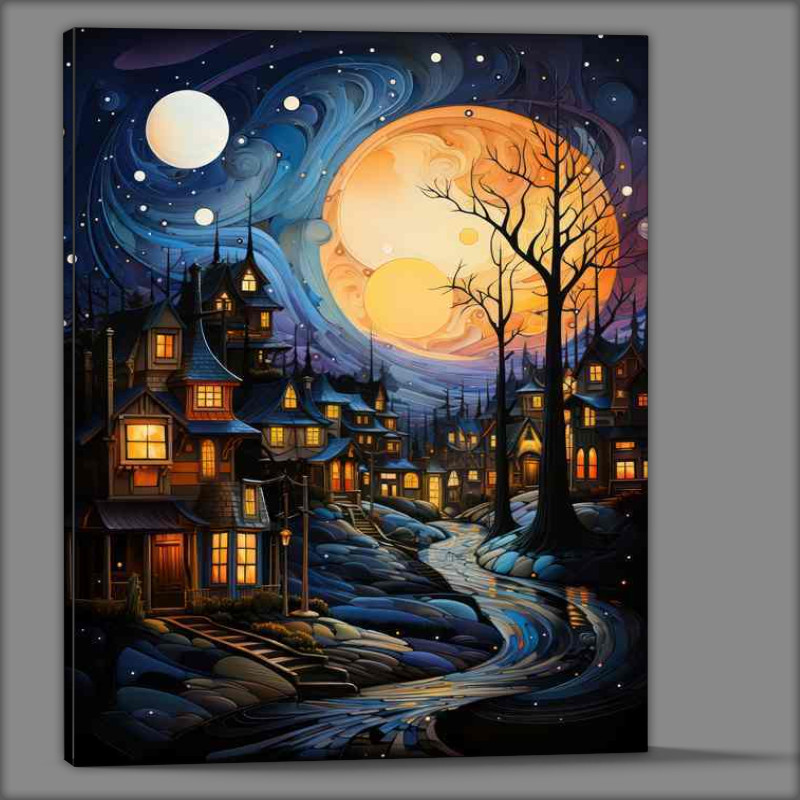 Buy Canvas : (Dreamy Dusk Starry Night Over Village Roofs)