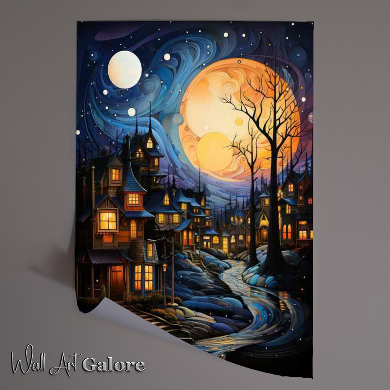 Buy Unframed Poster : (Dreamy Dusk Starry Night Over Village Roofs)