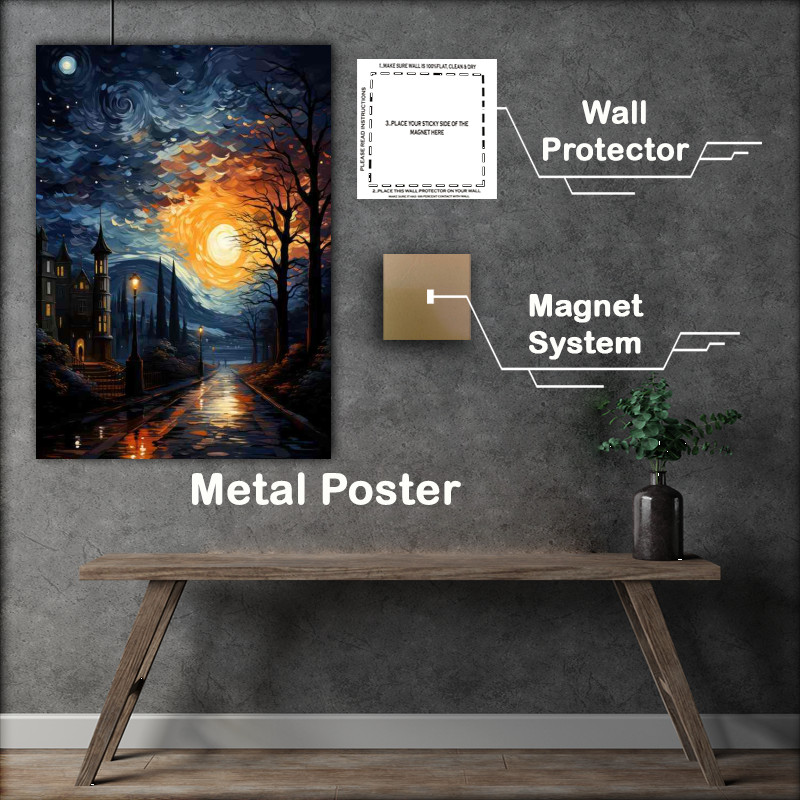 Buy Metal Poster : (Dreamy Dusk Starry Night Over the Roofs)