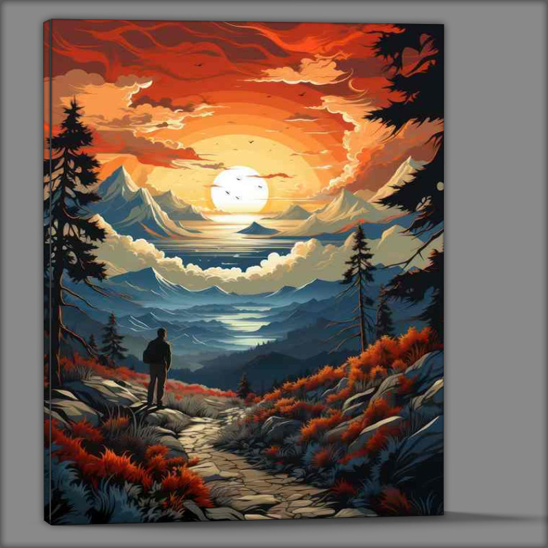 Buy Canvas : (Dusk Sunset Casts Glow on Mountains and River)