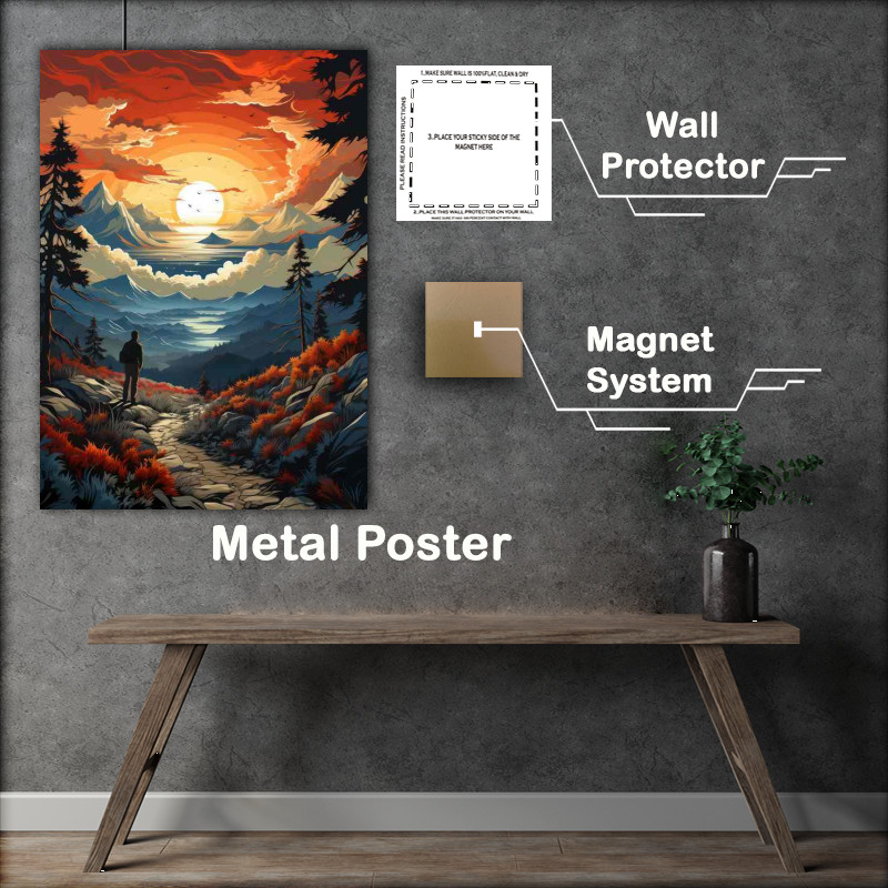 Buy Metal Poster : (Dusk Sunset Casts Glow on Mountains and River)