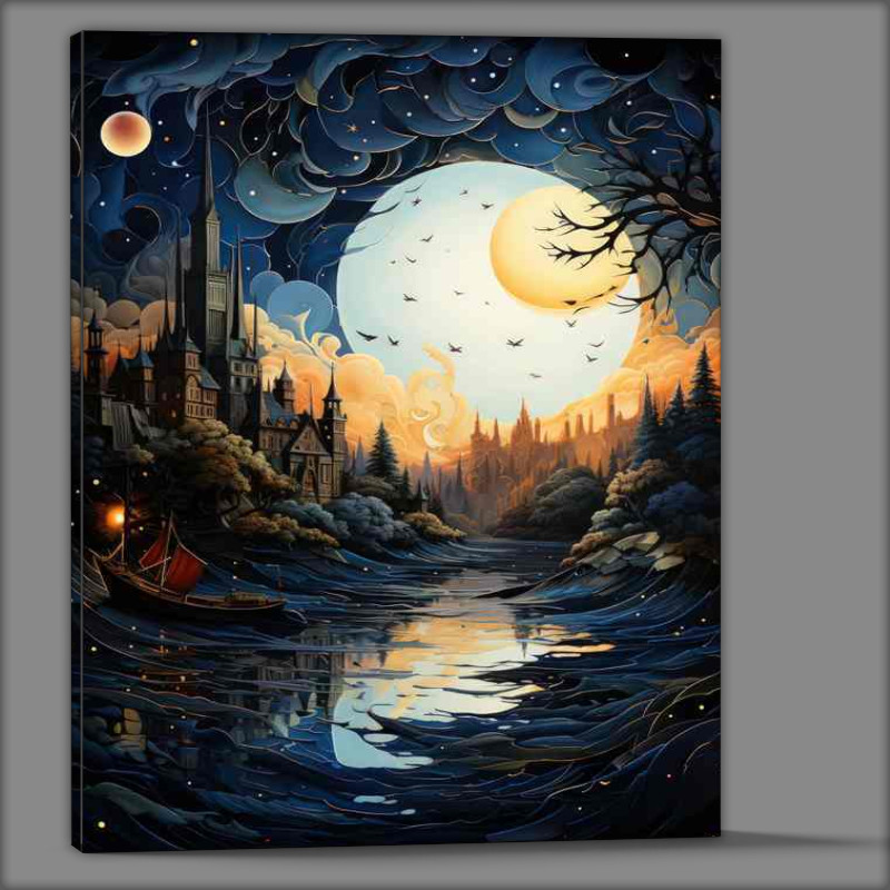 Buy Canvas : (Ethereal Glow Shines on the Starry Night Village)