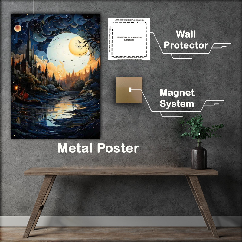 Buy Metal Poster : (Ethereal Glow Shines on the Starry Night Village)