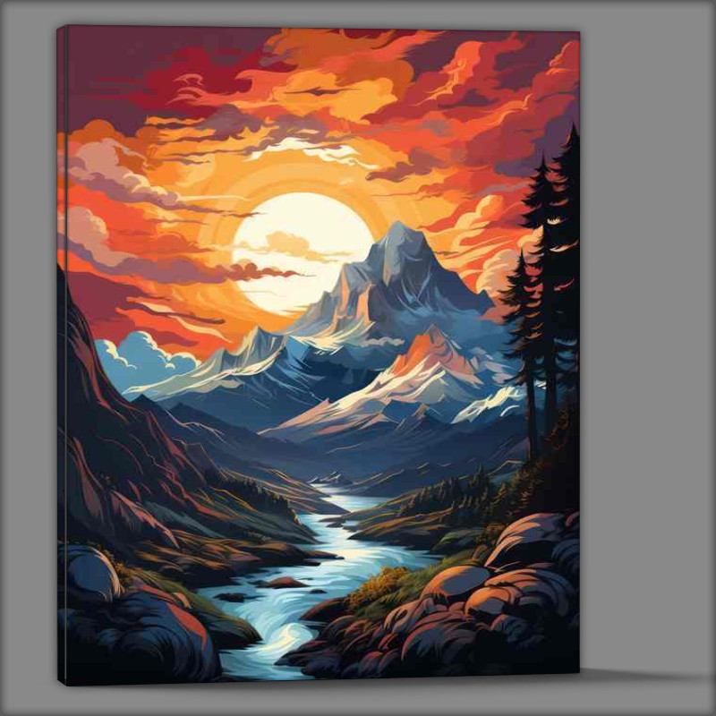 Buy Canvas : (Fiery Fusion Sunset Unites Mountains and Serene River)