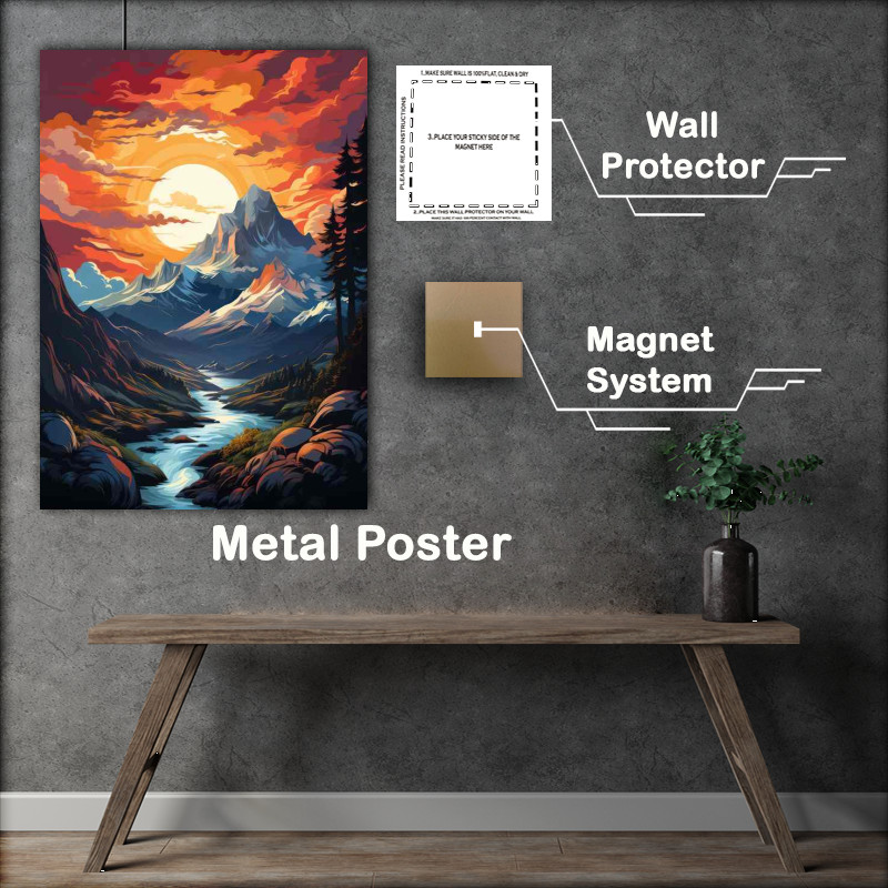 Buy Metal Poster : (Fiery Fusion Sunset Unites Mountains and Serene River)