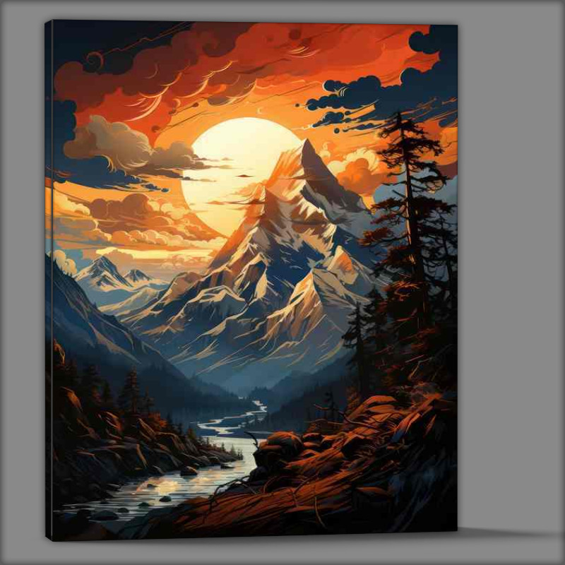 Buy Canvas : (Fiery Symphony Sunset Paints the Mountains Ablaze)