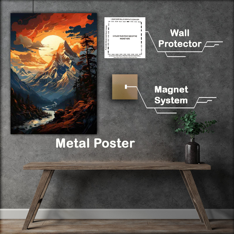 Buy Metal Poster : (Fiery Symphony Sunset Paints the Mountains Ablaze)