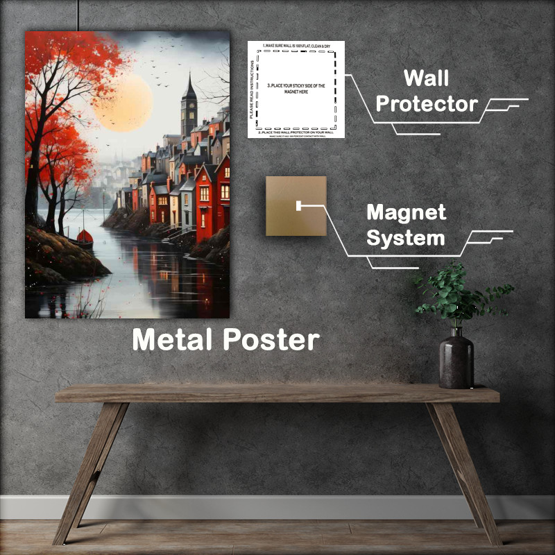 Buy Metal Poster : (Gentle Flow River Meanders Through Quaint Village)