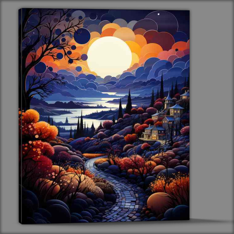 Buy Canvas : (Gentle Hues Pastel Village Nestled by River)