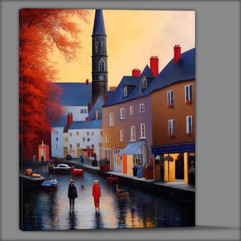 Buy Canvas : (Golden Hues Illuminate Tranquil Sunset Village)