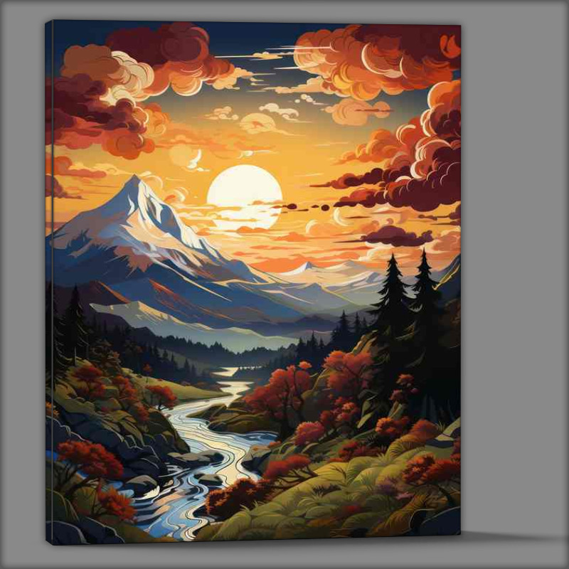 Buy Canvas : (Golden Symphony Sunset Over Mountains and River)