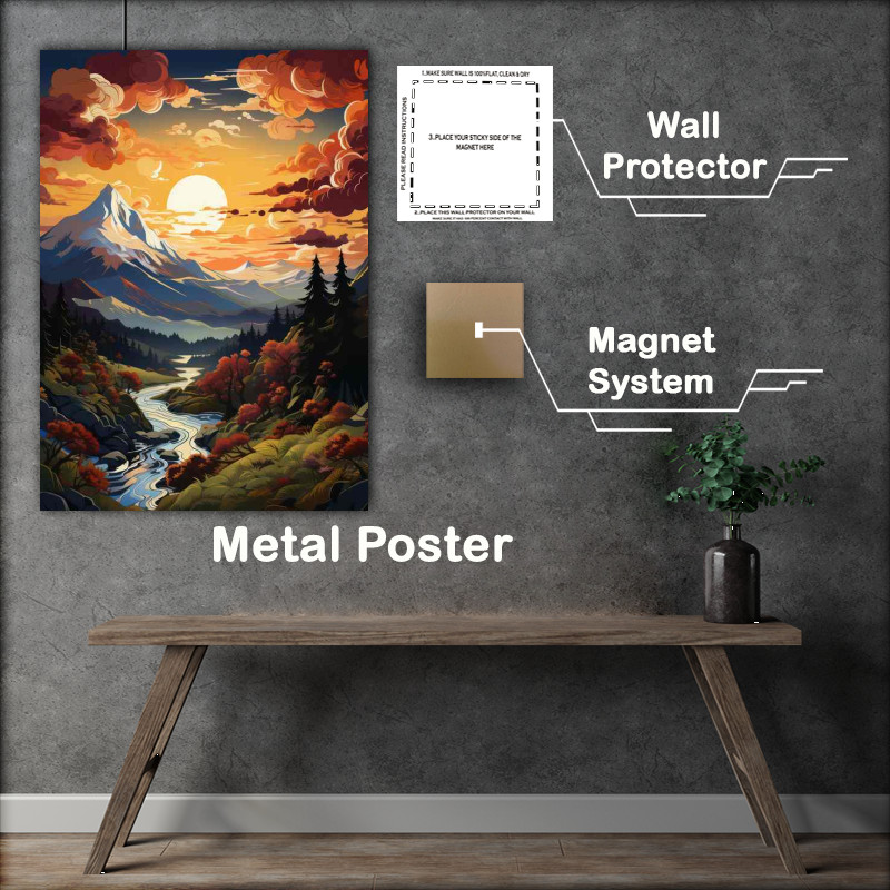 Buy Metal Poster : (Golden Symphony Sunset Over Mountains and River)