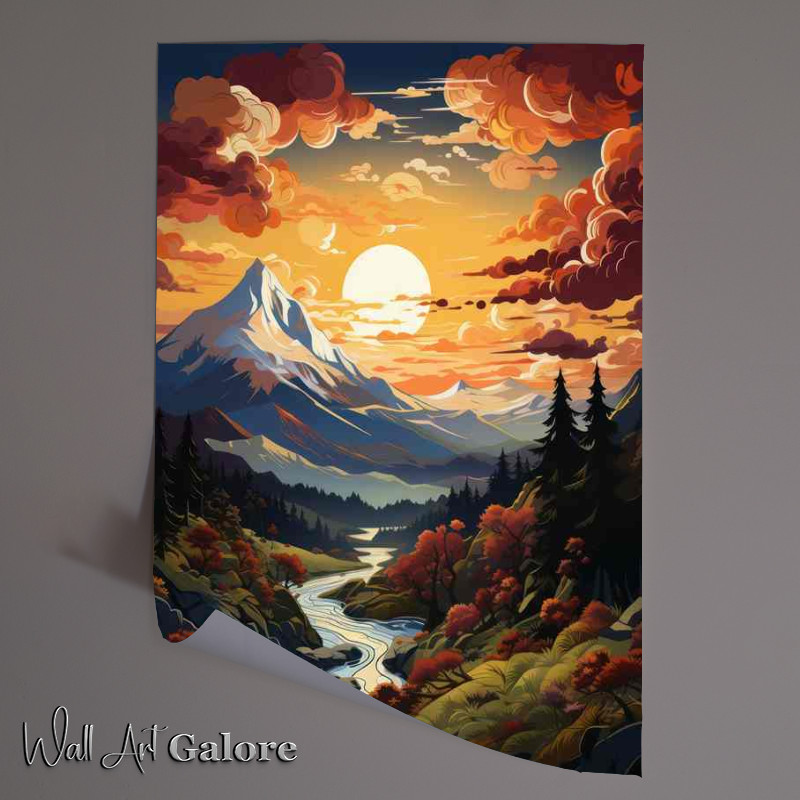 Buy Unframed Poster : (Golden Symphony Sunset Over Mountains and River)
