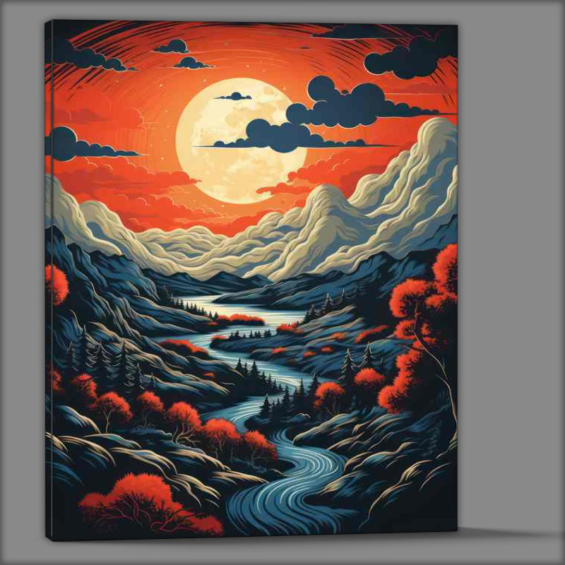 Buy Canvas : (Illuminated Peaks Sunset’s Glory Over Mountains and River)