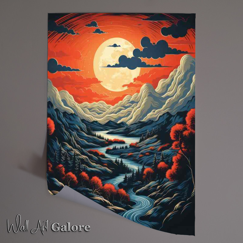 Buy Unframed Poster : (Illuminated Peaks Sunset’s Glory Over Mountains and River)