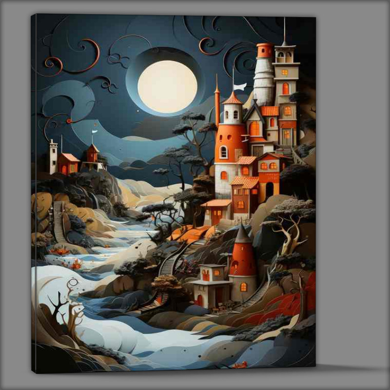 Buy Canvas : (Moonlit Harmony Village by the Serene Sea)