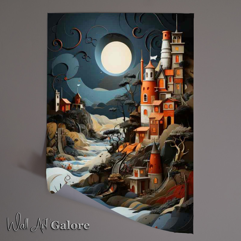 Buy Unframed Poster : (Moonlit Harmony Village by the Serene Sea)